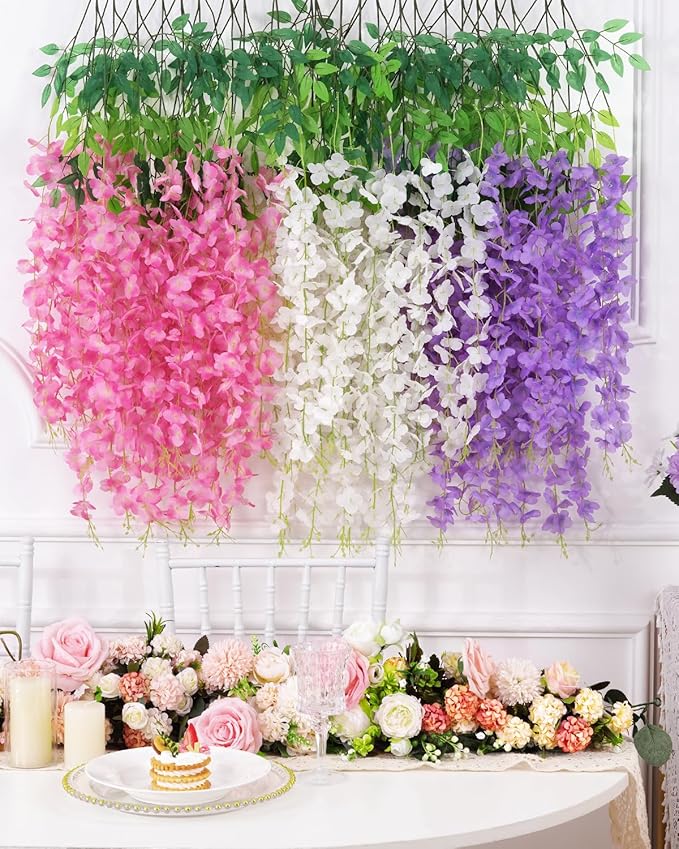 40 Pack Pink Purple White Wisteria Hanging Flowers, Fake Hanging Flowers for Decoration,Vines for Bedroom, Wisteria Flower Garland for Home ,Party,Wall,Wedding Decoration,Baby Shower(3.6 Ft/Pcs)