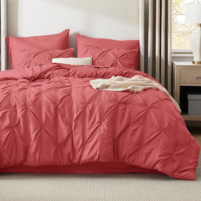 Bedsure Twin Comforter Set Coral Red - Bed in a Bag Twin Size Bedding 5 Pieces, GentleSoft™ Pintuck Bed Set Gift for Family, Pinch Pleat Coral Red Comforter with Sheets, Pillowcase & Sham