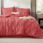 Bedsure Twin Comforter Set Coral Red - Bed in a Bag Twin Size Bedding 5 Pieces, GentleSoft™ Pintuck Bed Set Gift for Family, Pinch Pleat Coral Red Comforter with Sheets, Pillowcase & Sham