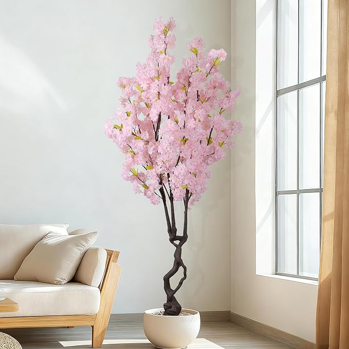 Artificial Pink Cherry Blossom Tree,7ft(84in) Faux Japanese Sakura Indoor Decoration,Natural Fake Cherry Floral Tree Outdoor Decor,Realistic Silk Pink Flowers for Living Room,Office,Wedding Party