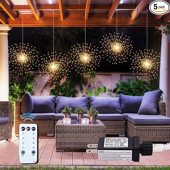 5 Pcs 1000LED Plug in Starburst Sphere Lights,Firework Light 8 Modes Dimmable Remote Control Waterproof Hanging Copper Wire Fairy Light for Patio Party Tent Christmas (Warm White)