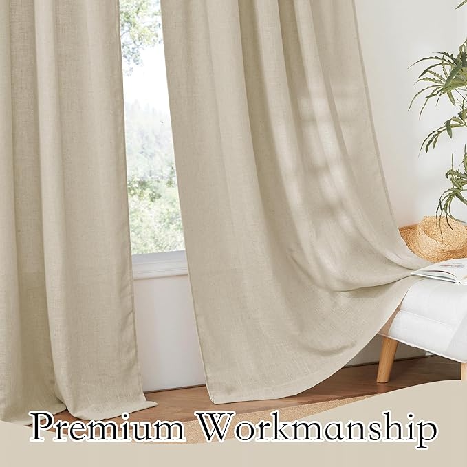 RYB HOME Flax Linen Blend Curtains - Semi Translucent Privacy Kitchen Curtains, Light Glare Control Window Drapes for Bathroom Closet Nursery, 52" W x 63" L, 2 Pcs, Beige