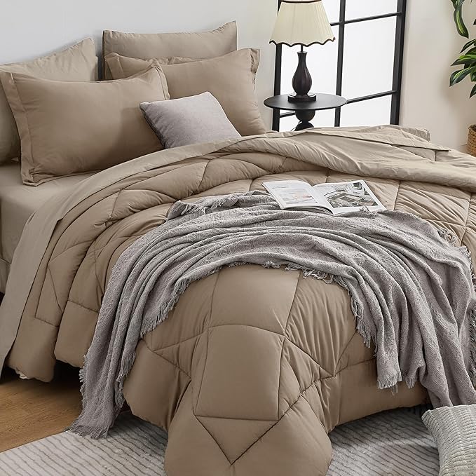 HEVUMYI Khaki & Linen King Comforter Set - 7-Piece All Season Bed in a Bag King, Ultra Soft Bedding Set with Comforter, Flat Sheet, Fitted Sheet, Pillowcases, Pillow Shams