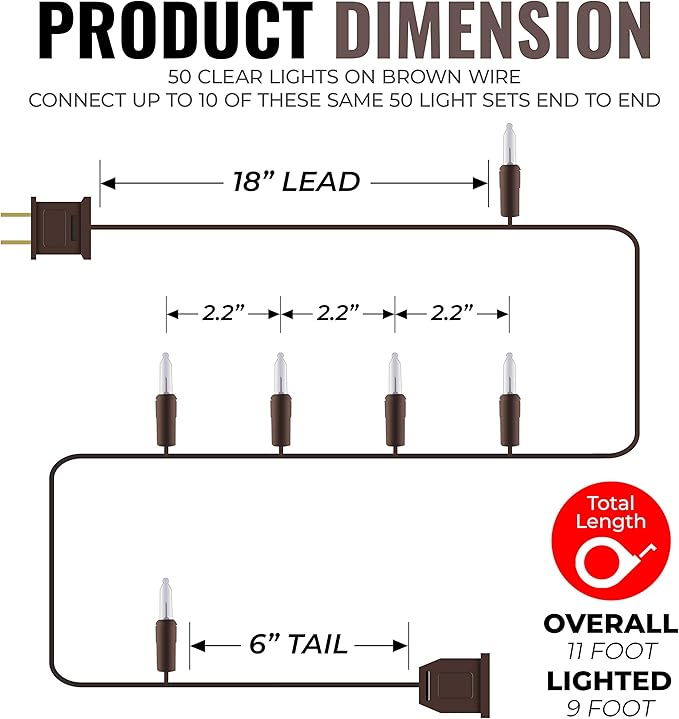 612 Vermont 50 Clear Mini Christmas String Lights on Brown Wire Cord, UL Approved for Indoor/Outdoor Use, 9 Foot of Lighted Length, 11 Foot of Total Length