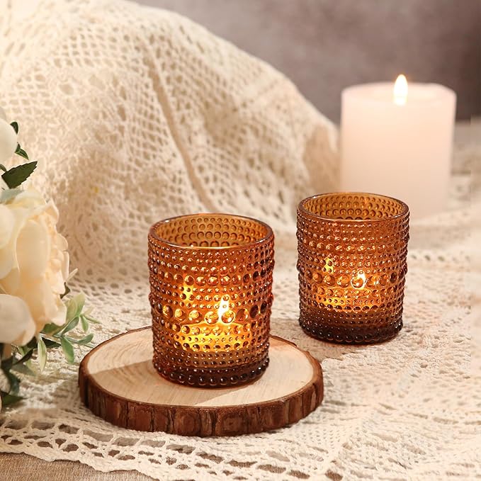 48pcs Amber Votive Candle Holders Votive Candles for Table, 2x2.5in Vintage Glass Small Tea Light Candles Holders for Candle Making Holder, Tealight Candle Holder for Wedding Centerpieces