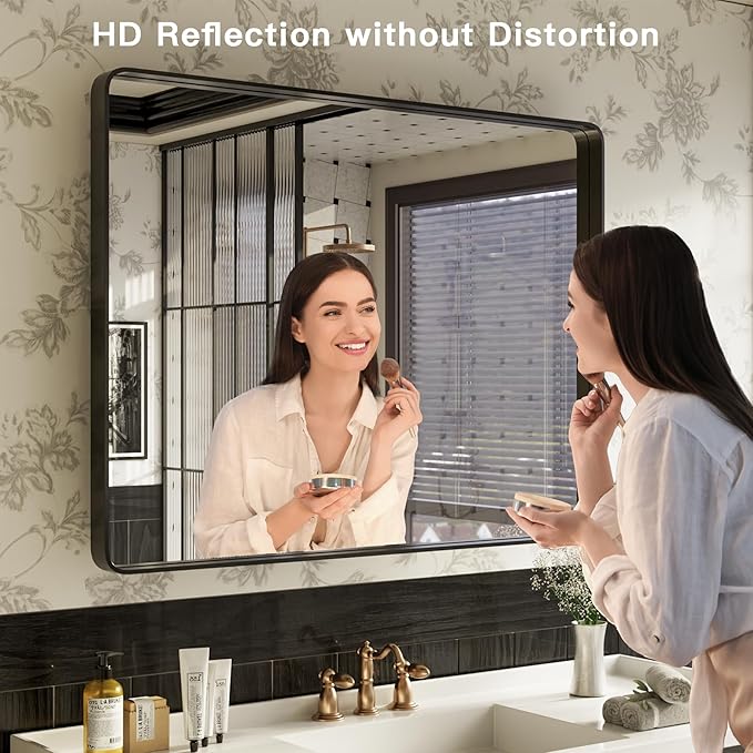 ISKM Black Bathroom Mirror for Wall 40" x 38" Matte Black Framed Vanity Mirror, Shatter-Proof, Tempered Glass, Rounded Rectangle Mirror(Horizontal/Vertical)
