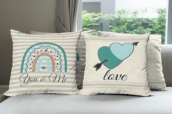 Ambesonne Romantic Throw Pillow Cushion Case Pack of 4, Love Hearts Arrow You and Me Be My Valentine Hugs Kisses Lettering, Modern Accent Double-Sided Digital Printing, 18", Teal Ivory Pale Eggshell