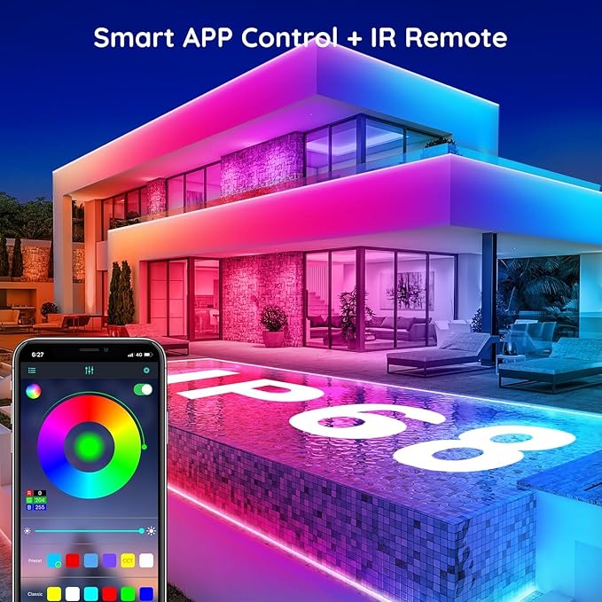 50Ft Outdoor LED Strip Lights Waterproof,Music Sync RGB IP68 Outside Led Light Strips Waterproofs with App and Remote,Exterior Led Rope Lights Waterproof for Deck,Balcony,Roof,Garden,Pool