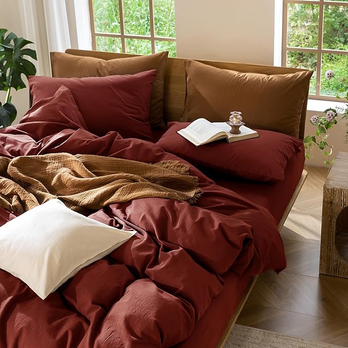 MooMee Bedding Duvet Cover Set 100% Washed Cotton Linen Like Textured Breathable Durable Soft Comfy (Solid Fired Brick Red, Oversized Queen 98"x98")