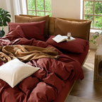 MooMee Bedding Duvet Cover Set 100% Washed Cotton Linen Like Textured Breathable Durable Soft Comfy (Solid Fired Brick Red, Full 80"x90")