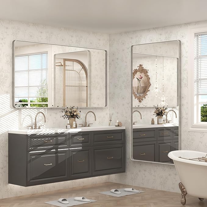 60x28 Matte Bathroom Mirror for Wall, Silver Brushed Framed Bathroom Vanity Mirror, Rectangle Bathroom Nickel Mirror, Rounded Corners, Tempered Glass(Horizontal/Vertical)