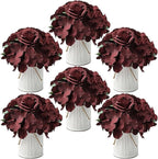 Flower Table Centerpieces - Set of 6 Floral Arrangement Artificial Wedding Hydrangeas Floral Arrangement with Rustic Metal Vase for Bridal Tea Party Event Decorations - Burgundy
