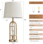 Table Lamps for Living Room End Table Set of 2 - Rustic Farmhouse Bedside Lamps for Bedroom Nightstand with Nightlight and USB A+C, 4 Bulbs Included
