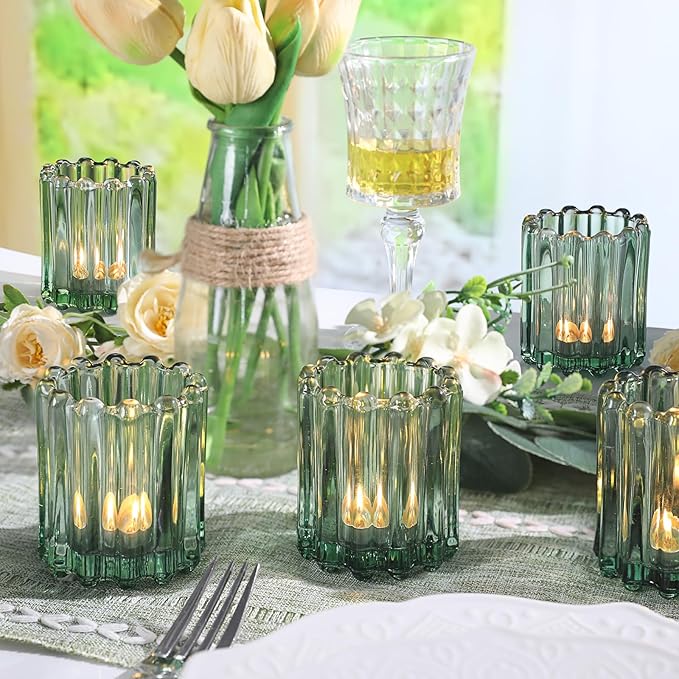 6 PCS Votive Candle Holder, Green Glass Candle Holders, Tealight Candle Holder for Wedding Centerpieces Dinner Party Table Decor