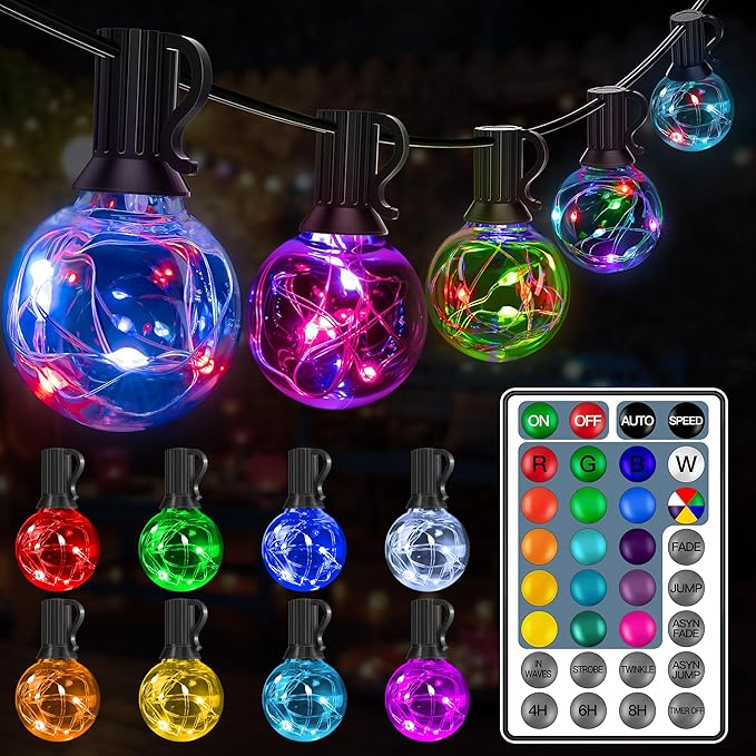 Ollny Christmas Lights 30FT 30Bulbs, RGBW Color Changing Outdoor Light, Plug in Remote Waterproof Shatterproof Timers G40 String Lights for Patio Balcony Porch Camping Deck Yard