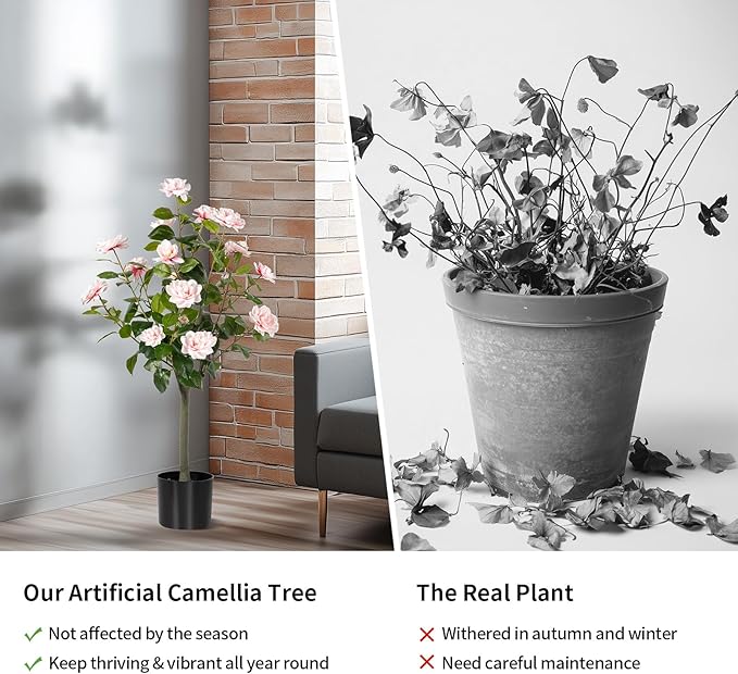 Artificial Camellia Tree 2 Pack, Artificial Plants Outdoor Faux Floral Plant in Cement Pot Fake Silk Camellia Tree Plants for Home House Living Room Office Decor