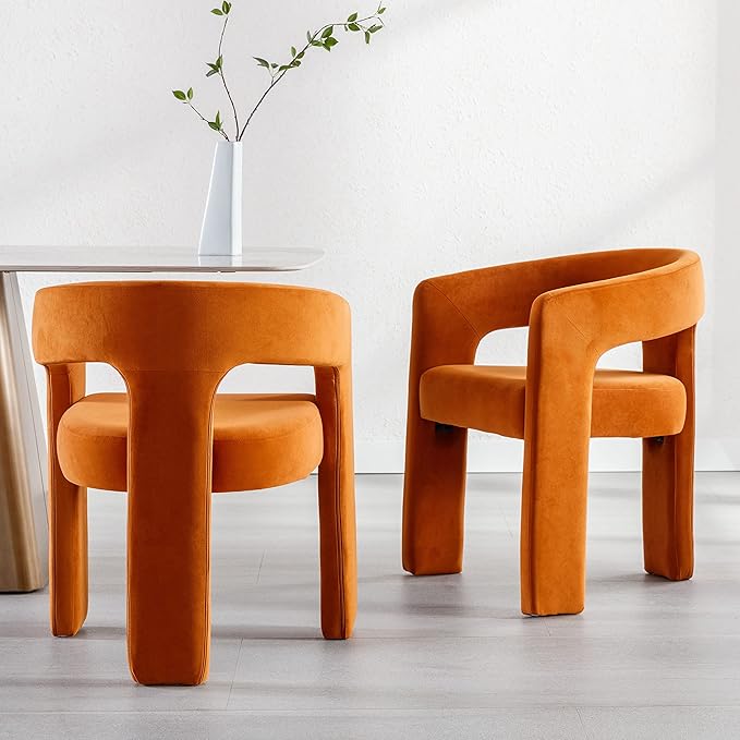 Modern Barrel Dining Chairs Set of 5, Velvet Upholstered Accent Side Chair with Arms Comfy Makeup Vanity Chairs, Dining Living Room Kitchen Chairs, Orange