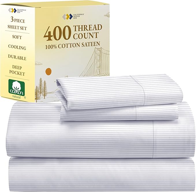 California Design Den Deep Pocket Twin Sheets Set - 400 Thread Count Sateen, Natural 100% Cotton Sheets, Cooling and Durable Bedding Set - Pinstriped