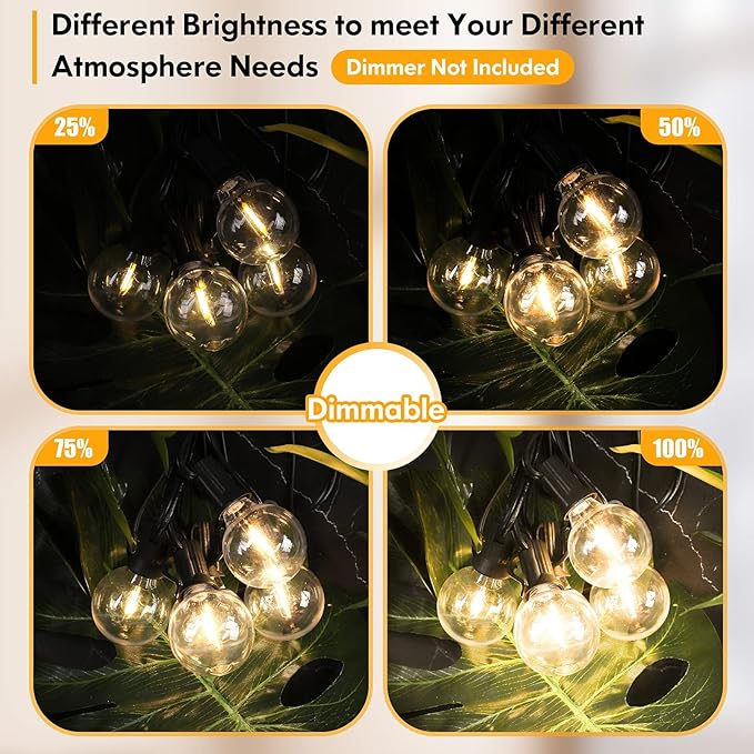 50FT Outdoor String Lights Waterproof, Bright 2700K LED Patio Lights String with 27 G40 Shatterproof Globe Bulbs, Connectable Edison String Lights for Outside, Garden, Balcony, Porch