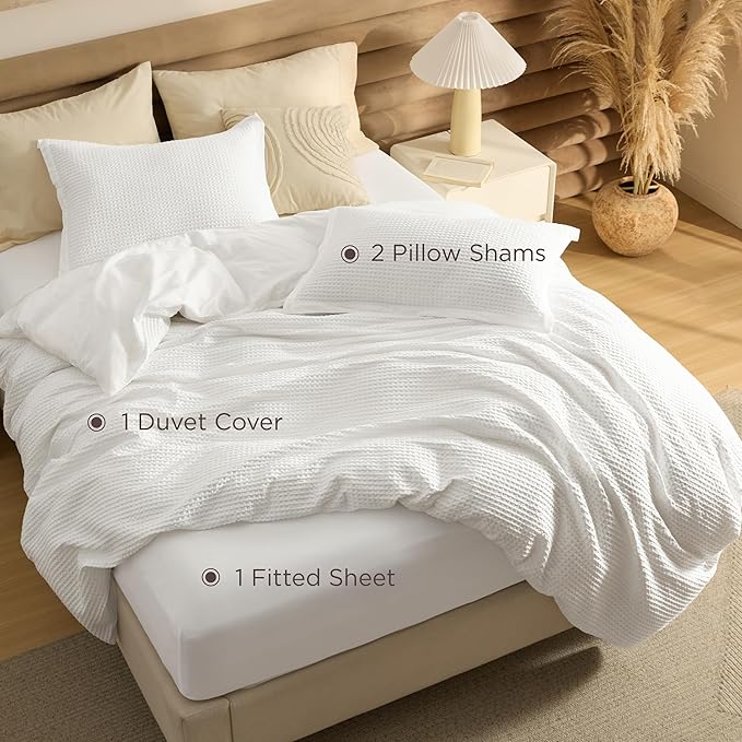 Bedsure 100% Cotton Duvet Cover Queen Size with Fitted Sheet - 4 Pieces Coconut White Waffle Weave Bedding Set, GentleSoft™ and Breathable, Includes 1 Duvet Cover 90x90, 1 Fitted Sheet, 2 Pillow Shams