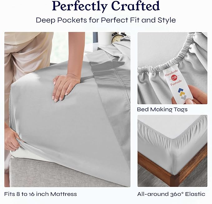 California Design Den King Bed Sheets Set - Soft 400 Thread Count Sateen, Natural 100% Cotton Sheets, Deep Pockets with All Around Elastic for a Snug Fit, Cool & Durable Bedding Set - Light Grey