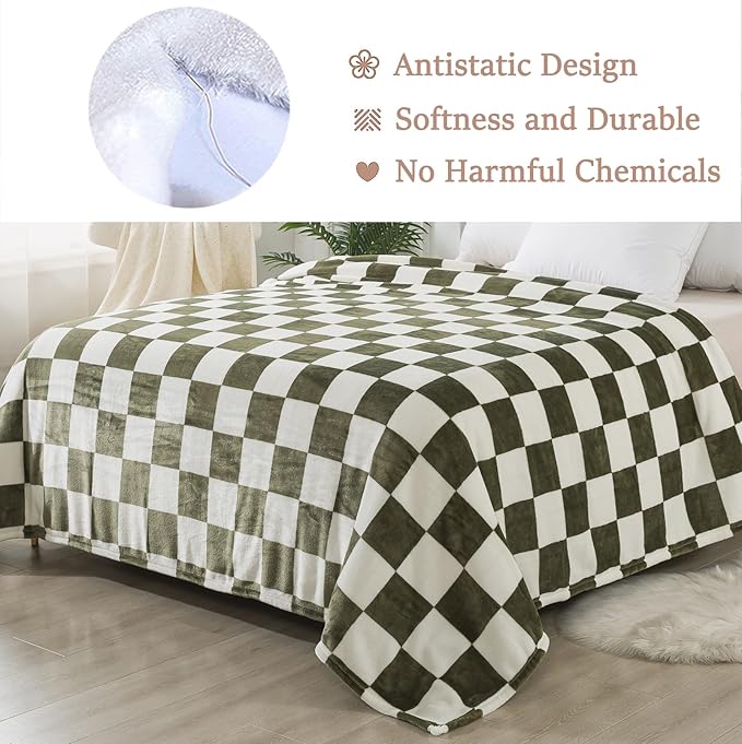 Checkered Twin Size Blanket,66x90 Inches Sage Green Microfiber Soft Cozy Fluffy Warm Hand Made Throw Blankets for Twin/Twin XL Extra Long Bed,Couch, Sofa, Chair, Camping, Picnic,Sage Green