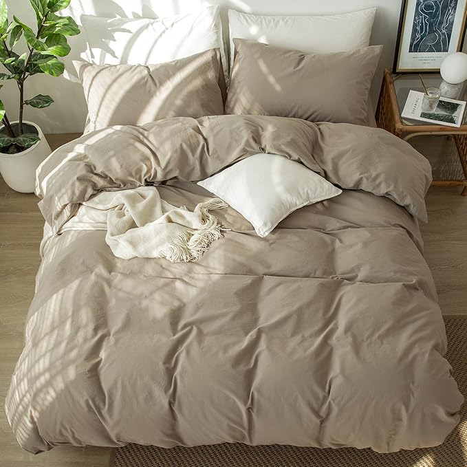 MooMee Bedding Duvet Cover Set 100% Washed Cotton Linen Like Textured Breathable Durable Soft Comfy (Solid Light Camel, Oversized Queen 98"x98")