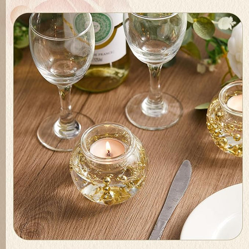 16 Pcs Glass Clear Votive Floating Candle Holders with 8 Pcs Bright Pearl String Beads, Tealight Bowl Candle Holder Bulk for Wedding Centerpiece Home Bridal Shower Party Decor (Gold)