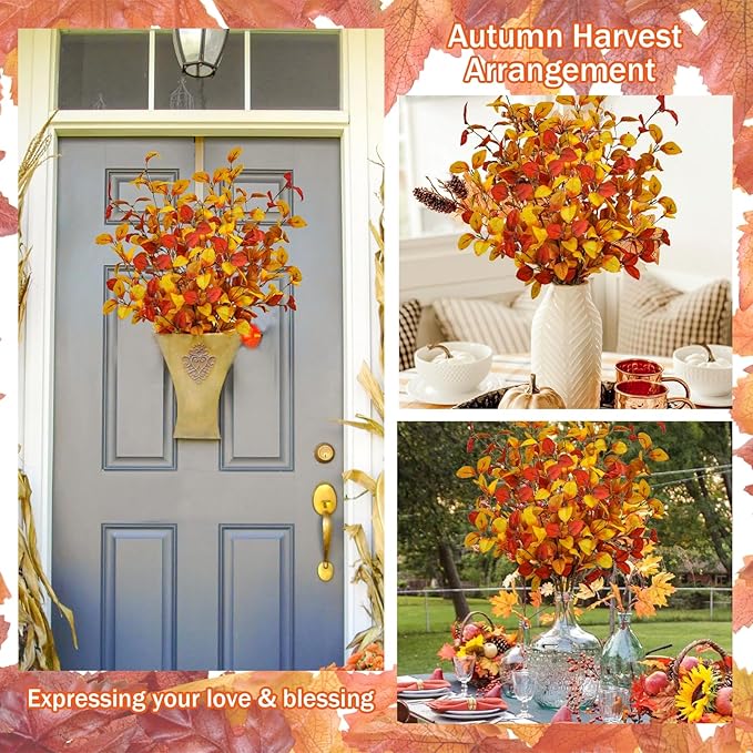 4pcs Artificial Fall Eucalyptus Leaves Stems, 27" Fall Flowers Eucalyptus Leaves Branches Faux Fall Leaf Spray Fall Decorations for Home Floral Arrangement Autumn Table Centerpiece
