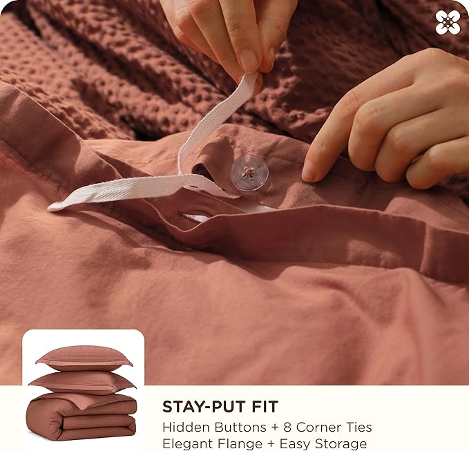 Bedsure Cotton Duvet Cover King - 100% Cotton Waffle Weave Burnt Orange Duvet Cover King Size, GentleSoft™ and Breathable Bedding Set for All Season, 3 Pieces, 104"x90"