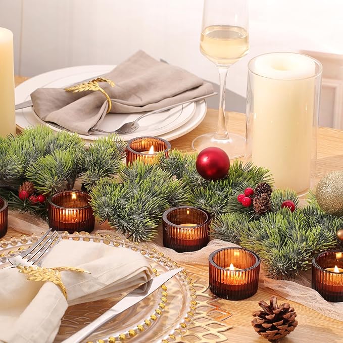 30Pcs Ribbed Amber Votive Candle Holders for Table Centerpiece, Amber Tea Light Candle Holders with 32pcs Tea Light Candles for Wedding Decor, Home Decor and Party Decor