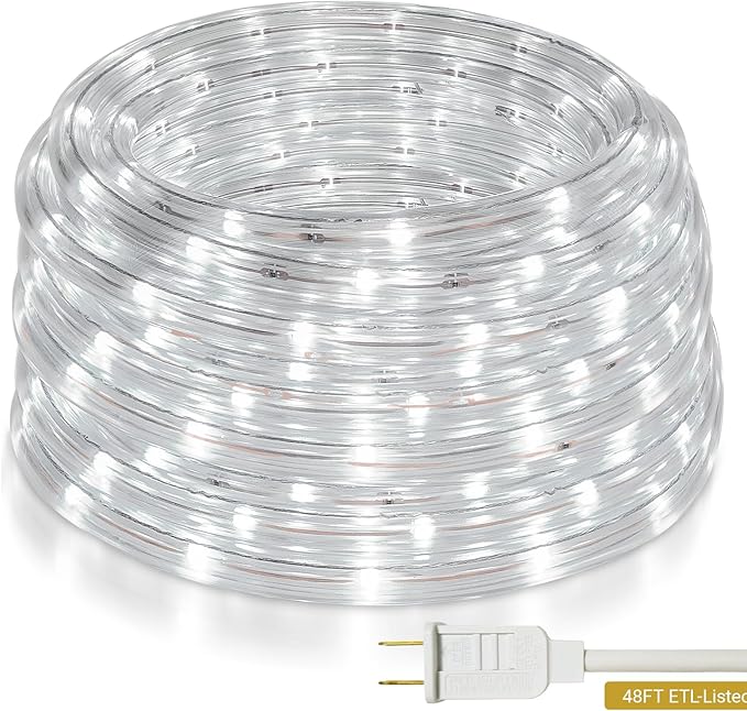 48ft White LED Rope Lights Outdoor Waterproof - 324 LEDs Christmas Rope Lights, 120V ETL Certified, Connectable to 192ft, w/24 Mounting Clips & Screws - Wedding & Home Decor