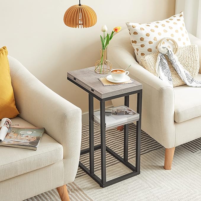 HOOBRO Foldable End Table, C Shaped Side Table with Storage Shelf, Small Snack Table Suitable for Living Room Bedroom Small Spaces, Easy Assembly, Greige and Black BG29SF01