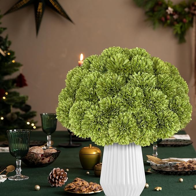 36 Pcs Artificial Chrysanthemums Flowers Green Ball Flower Silk Fake Mums Flowers for Home Decor Outdoor Wedding Floral Arrangement St Patricks Day Table Centerpiece