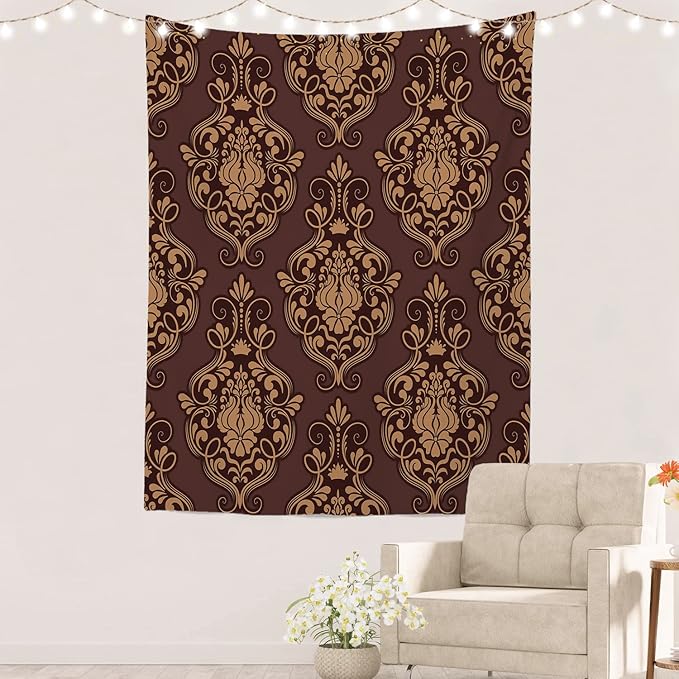 Batmerry Brown Damask Floral Tapestry,Vintage Golden Brown Damask Pattern Wall Art Hanging Decoration Polyester Fiber White Ruffled Around for Dorm Room Bedroom Living Room, 59.1x39.4 inches