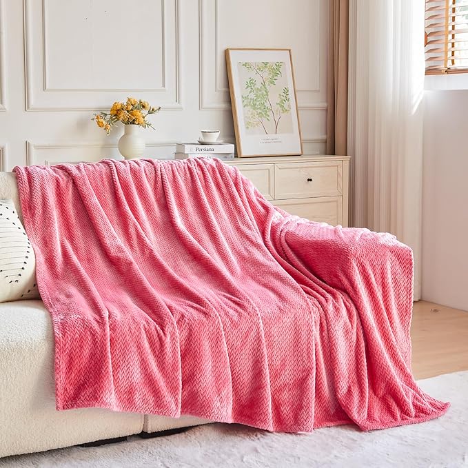 NEWCOSPLAY Super Soft King Blanket Coral Pink Premium Silky Flannel Fleece Leaves Pattern Lightweight Bed Blanket All Season Use (Coral Pink, King(90"x110"))