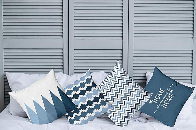 Ambesonne Modern Throw Pillow Cushion Case Pack of 4, Geometric Style Pattern of Triangles Zigzags Love Home Phrase Design, Modern Accent Double-Sided Digital Printing, 18", Petrol Blue and White