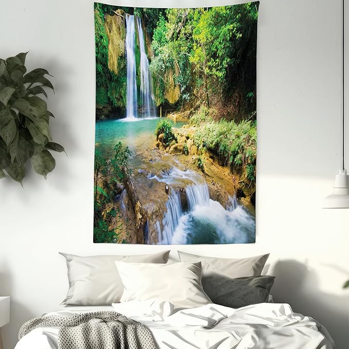 Lunarable Nature Tapestry King Size, Green Forest Waterfall and River Pool Pond Water Source Earth Landscape, Wall Hanging Bedspread Bed Cover Wall Decor, 23" X 28", Pale Brown and Green