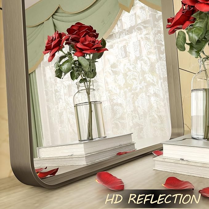 24x36 Bronze Bathroom Mirror, Brushed Metal Bathroom Vanity Mirrors for Wall, Modern Rounded Corner Rectangle Mirror for Farmhouse, Bedroom, Anti-Rust (Horizontal/Vertical)