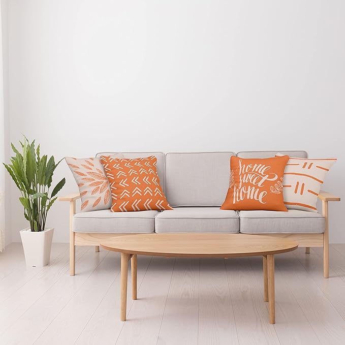 Ambesonne Modern Throw Pillow Cushion Case Pack of 4, Scandinavian Minimal Ornaments Boho Feather Leaves and Home Phrase, Modern Accent Double-Sided Digital Printing, 20", Pale Tan and Burnt Orange