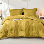 HYMOKEGE Mustard Yellow Twin Comforter Set Seersucker 5 Pieces, All Season Luxury Bed in a Bag for Bedroom, Bedding Set with Comforter, Sheets, Pillowcase & Sham