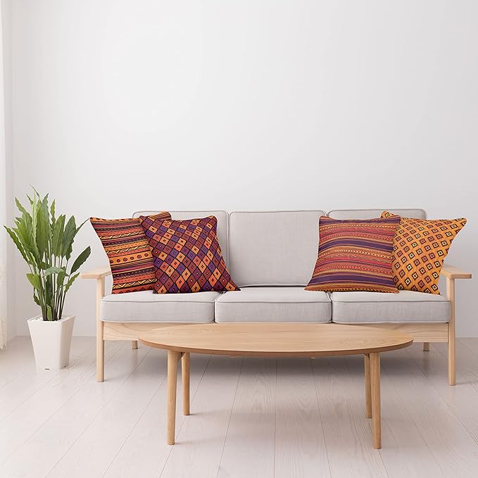 Ambesonne Ethnic Throw Pillow Cushion Case Pack of 4, Tribal Folkloric Pattern of Geometric Forms Shapes and Stripes Print, Modern Accent Double-Sided Digital Printing, 24", Orange Plum
