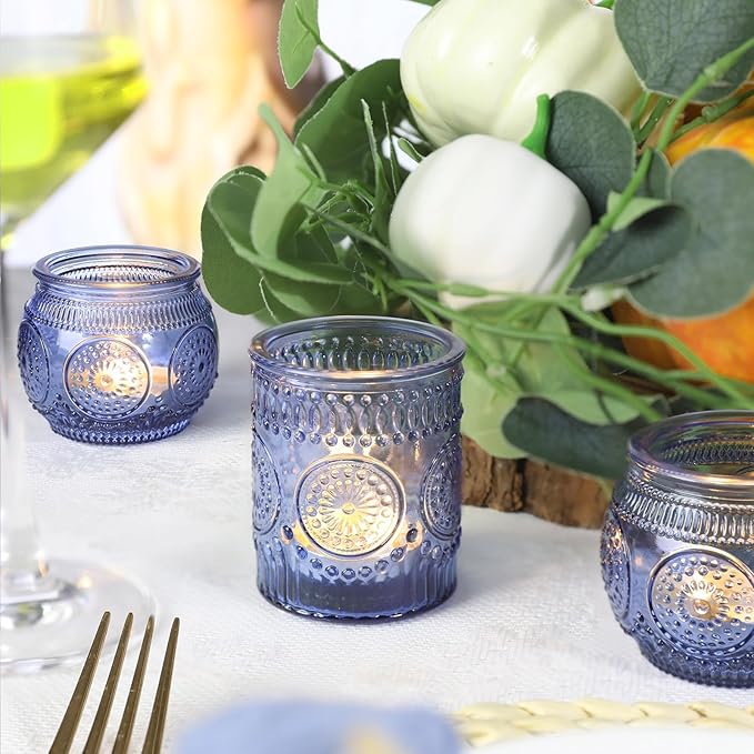 36 Pcs Blue Candle Holders Bulk- Blue Votive Candle Holders for Wedding Centerpieces, Assorted Glass Tea Lights Holders for Baby/Bridal Shower, Thanksgiving, Fall, Christmas Table Centerpieces Decor