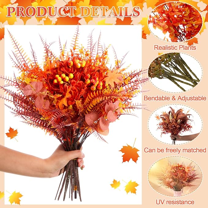 250 Pcs Artificial Fall Greenery Stems Bulk Thanksgiving Eucalyptus Leaves Silver Dollar Foliage Floral Picks and Sprays Fake Faux UV Resistant for DIY Bouquet Vase Arrangement Table Decor