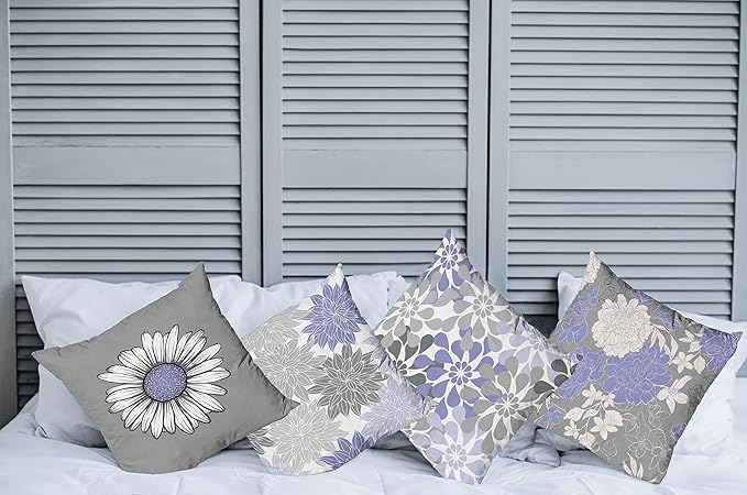 Ambesonne Floral Throw Pillow Cushion Case Pack of 4, Flower Petals Modern Color Palette Chamomile Peony Dahlia and Sunflower Print, Modern Accent Double-Sided Digital Printing, 20", Lavender and Grey