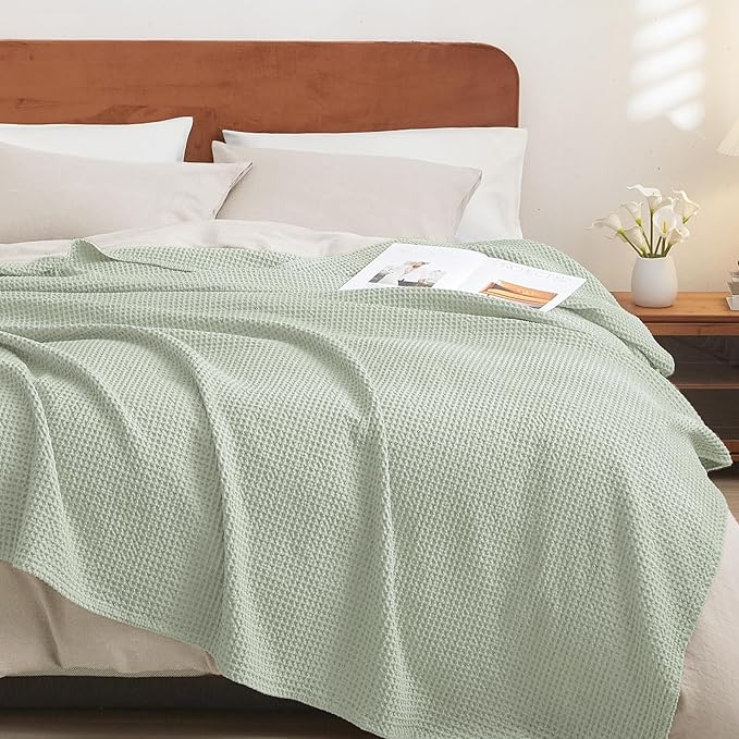 PHF 100% Cotton Waffle Weave Blanket Twin Size for Bed,Snag Proof Lightweight Breathable Moisture-Wicking Throw for Couch,Great for Layering in Cold Weather,Machine Washable,Home Decor Gift-Sage Green