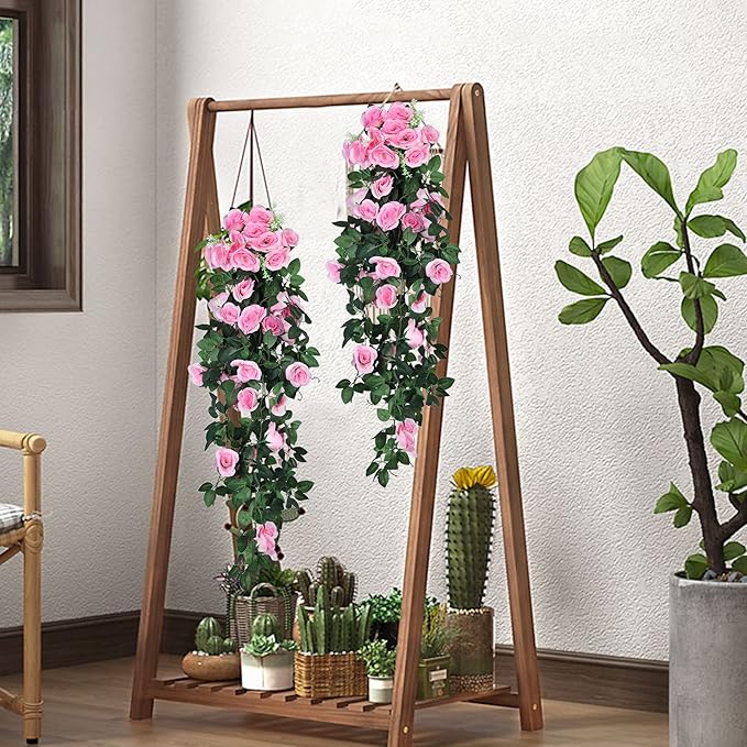 RECUTMS Fake Hanging Flower, 2PCS Artificial Rose Vine Plants Flowers Wedding Home Decoration and Wall Décor 3.3Ft (Pink)