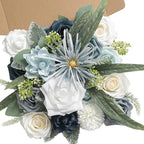 Blue White Artificial Flowers Silk Fake Roses Peonies Greenery Combo Box Set for DIY Wedding Bouquets Bridal Shower Centerpieces Floral Arrangements Party Tables Home Decoration