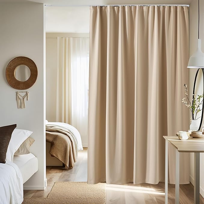 NICETOWN Sliding Door Curtain & Adjustable Ceiling Track Set, W100 xL96 Room Divider Curtain for Office/Hospital Privacy Protection, Thermal Insulated Room Darkning Drape, 1 Panel, Biscotti Beige