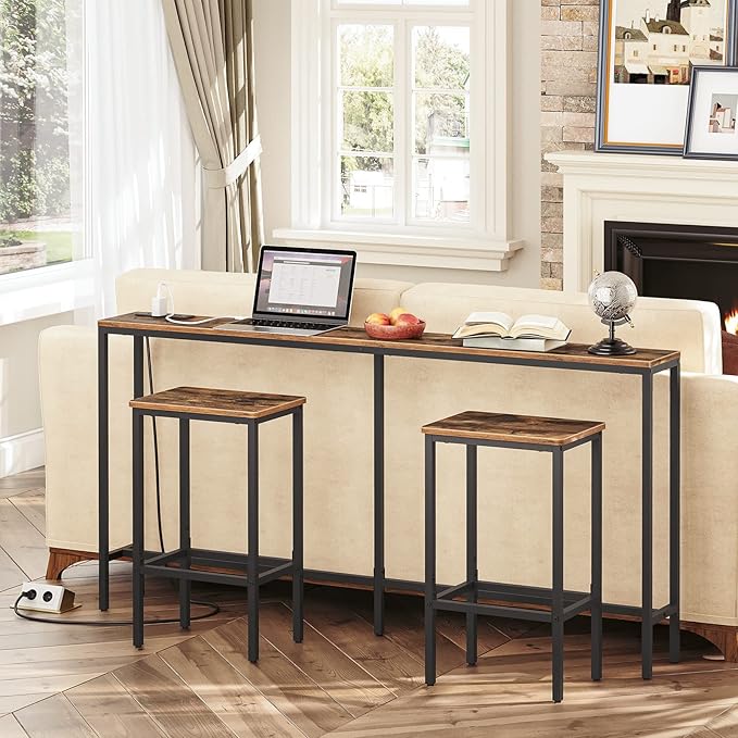 63" Console Table with Power Outlet, Narrow Sofa Industrial Entryway Behind Couch Table with USB Ports for Entryway, Hallway, Foyer, Living Room, Bedroom, Rustic Brown CTHR16E01Z